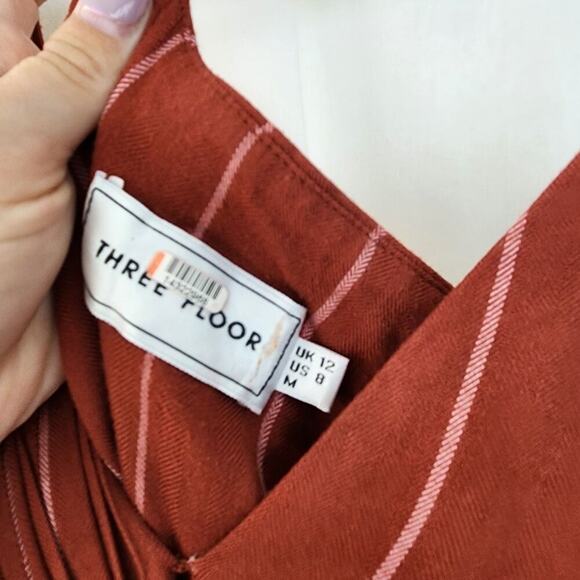 Three Floor Margaux Burgundy Rust Striped Sleeveless Ruffle Belted Jumpsuit Sz 8 - Picture 3 of 12
